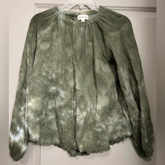 Like New Cloth & Stone Anthropologie Small Tie Dye Long Sleeve Top Raw Hem Green - Picture 1 of 6